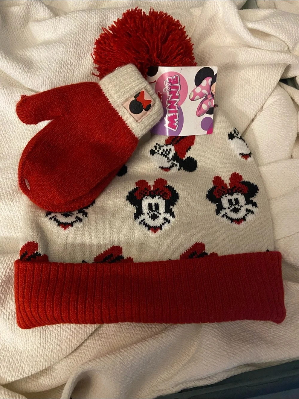 Disney Kids Minnie Mouse Red and Cream Pom Pom Hat with Matching Mittens